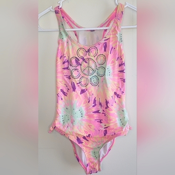 Girls Ocean Pacific OP Tie Dye Peace Sign One Piece Bathing Suit, sz 7/8 - Picture 1 of 5